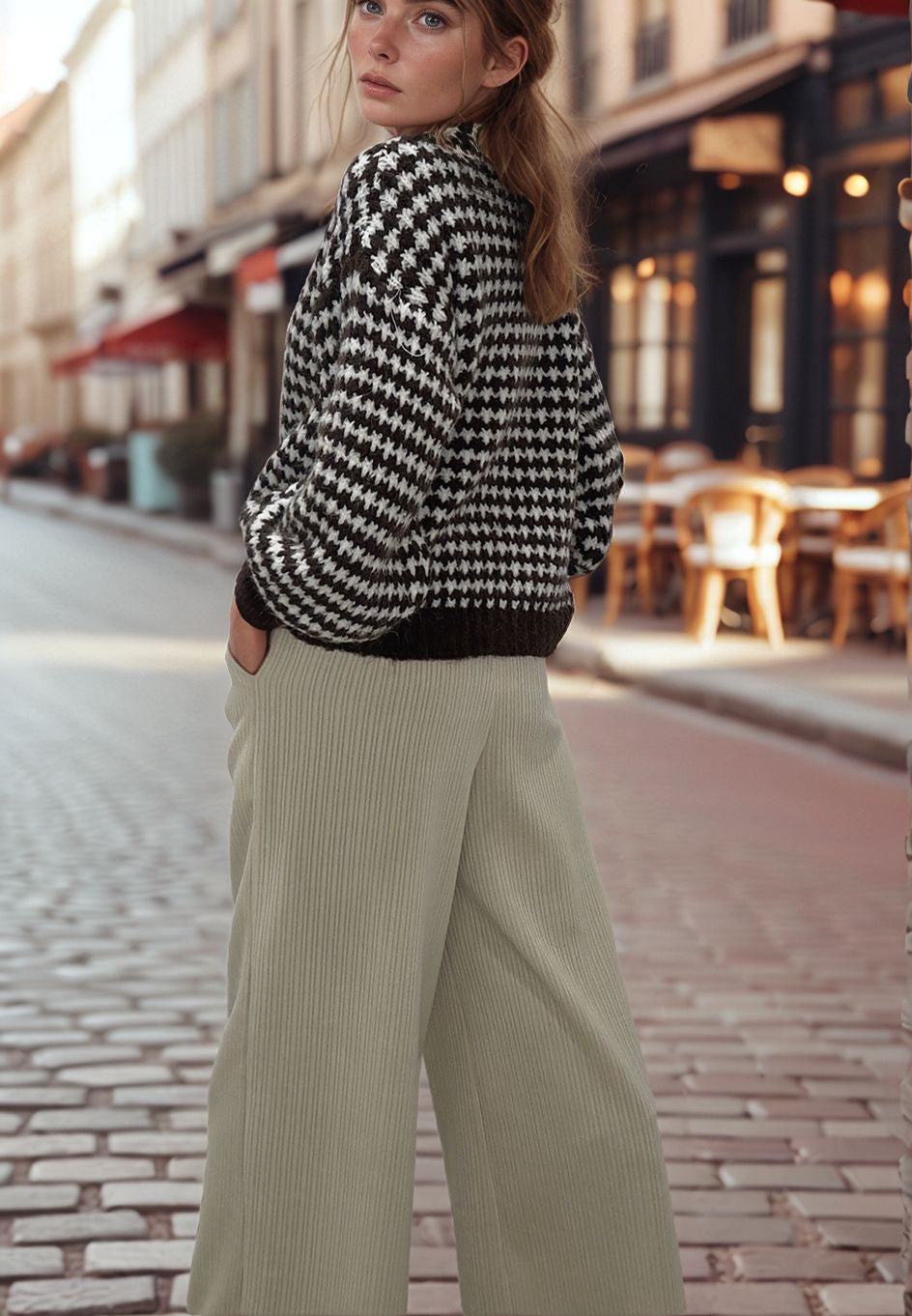 Woman wearing beige velour wide-leg pants and black-and-white sweater, Josephine street style