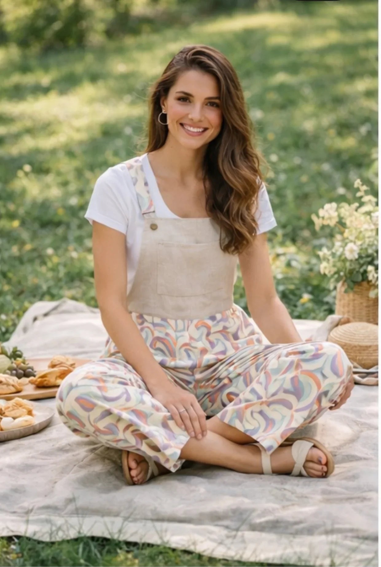 Mulher sorridente vestindo macacão estampado Josephine em piquenique ao ar livre, estilo feminino