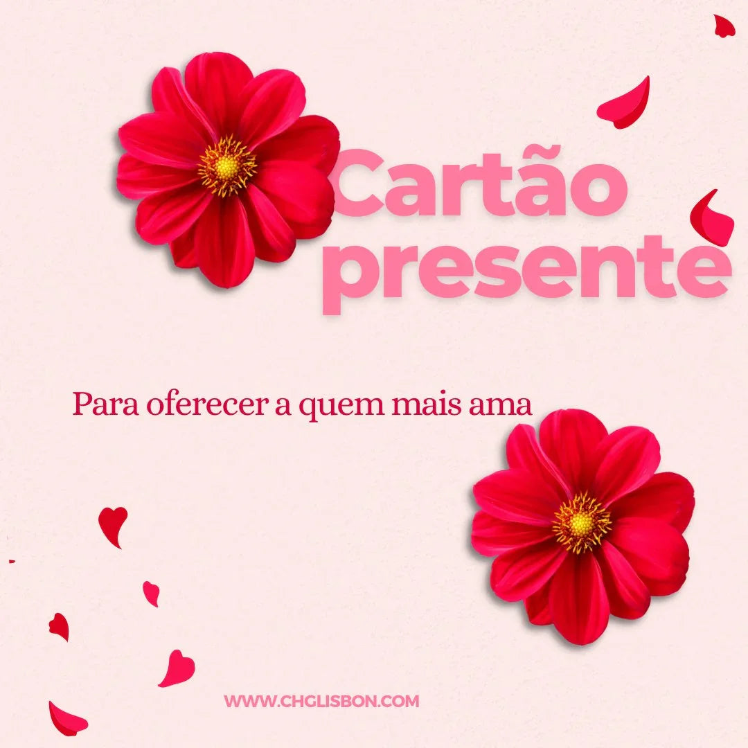 Cartão presente Josephine com flores vermelhas e pétalas, design elegante e feminino.