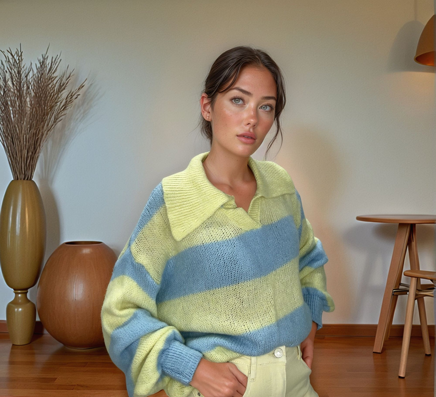 Woman in pastel striped sweater and cream pants, minimalist decor, Josephine fashion style.