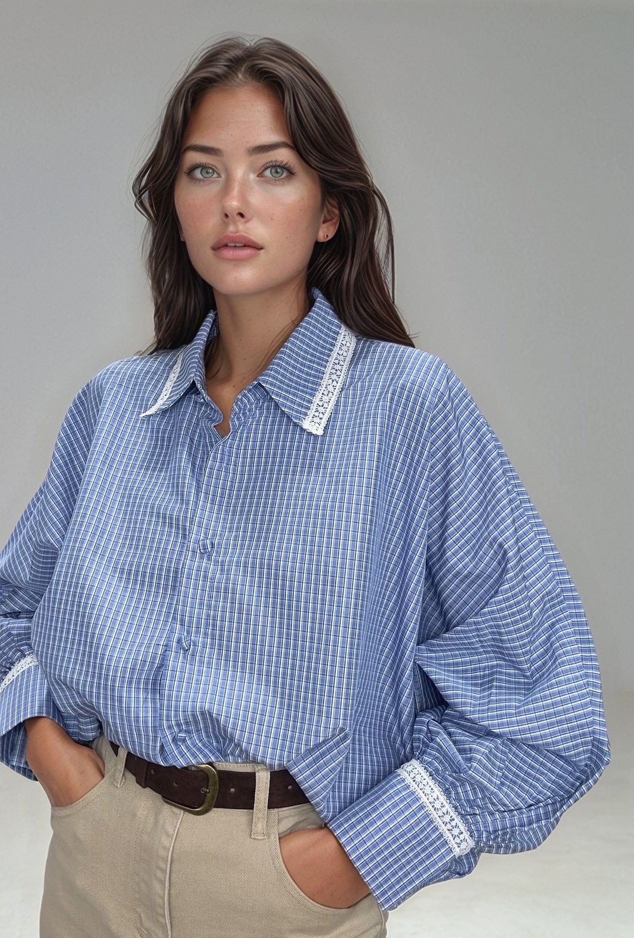 Detalhe da Camisa Justine em azul xadrez, focando no acabamento delicado de renda nos punhos.