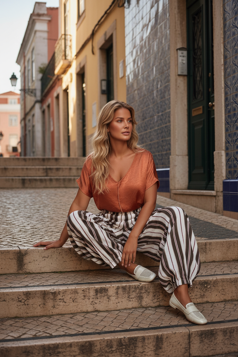Blusa Sofia na cor terracota, combinando a sofisticação do cetim à frente com o conforto da malha nas costas.