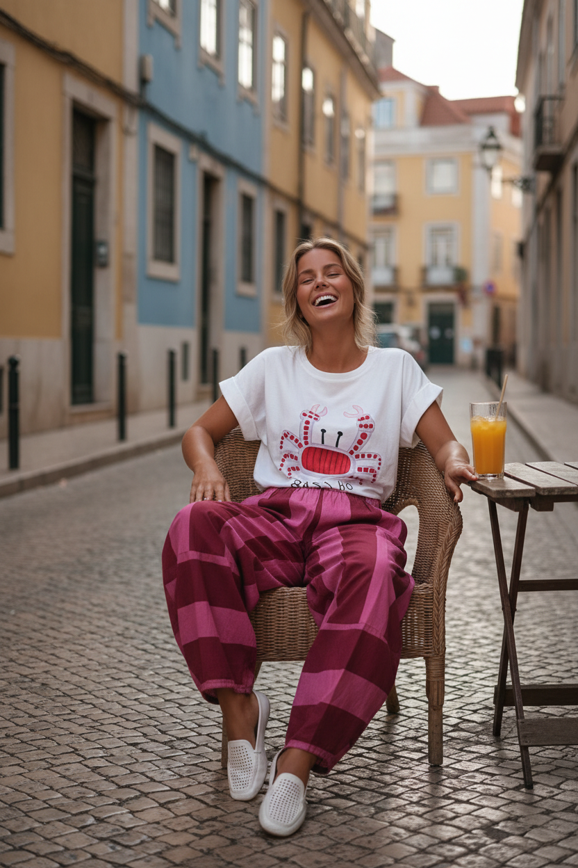 Modelo a usar as Calças Luna da Josephine em tons de rosa e bordeaux, corte fluido abalonado muito trendy