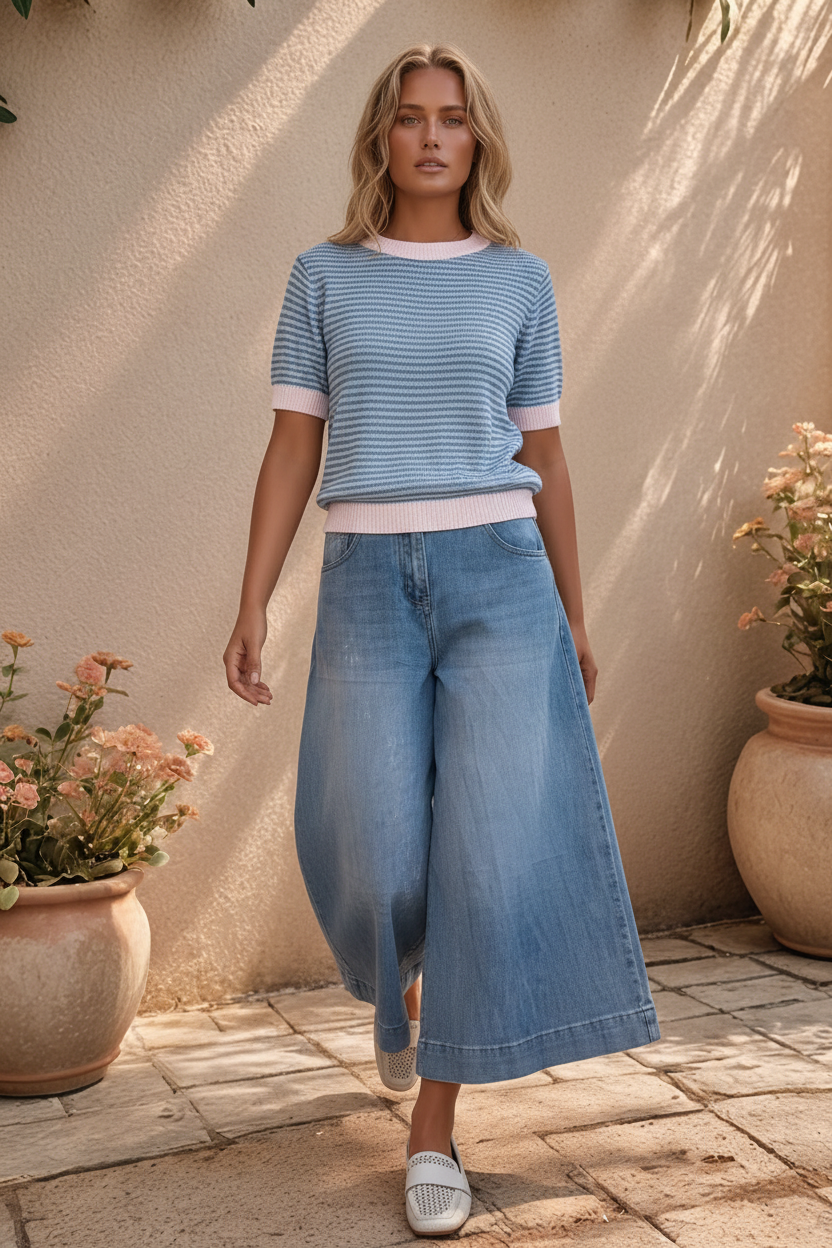 Modelo loira vestindo culotes de ganga azul de perna larga e cintura alta, disponíveis do S ao XL, combinadas com camisola de malha azul e branca e mocassins brancos num cenário exterior com vasos