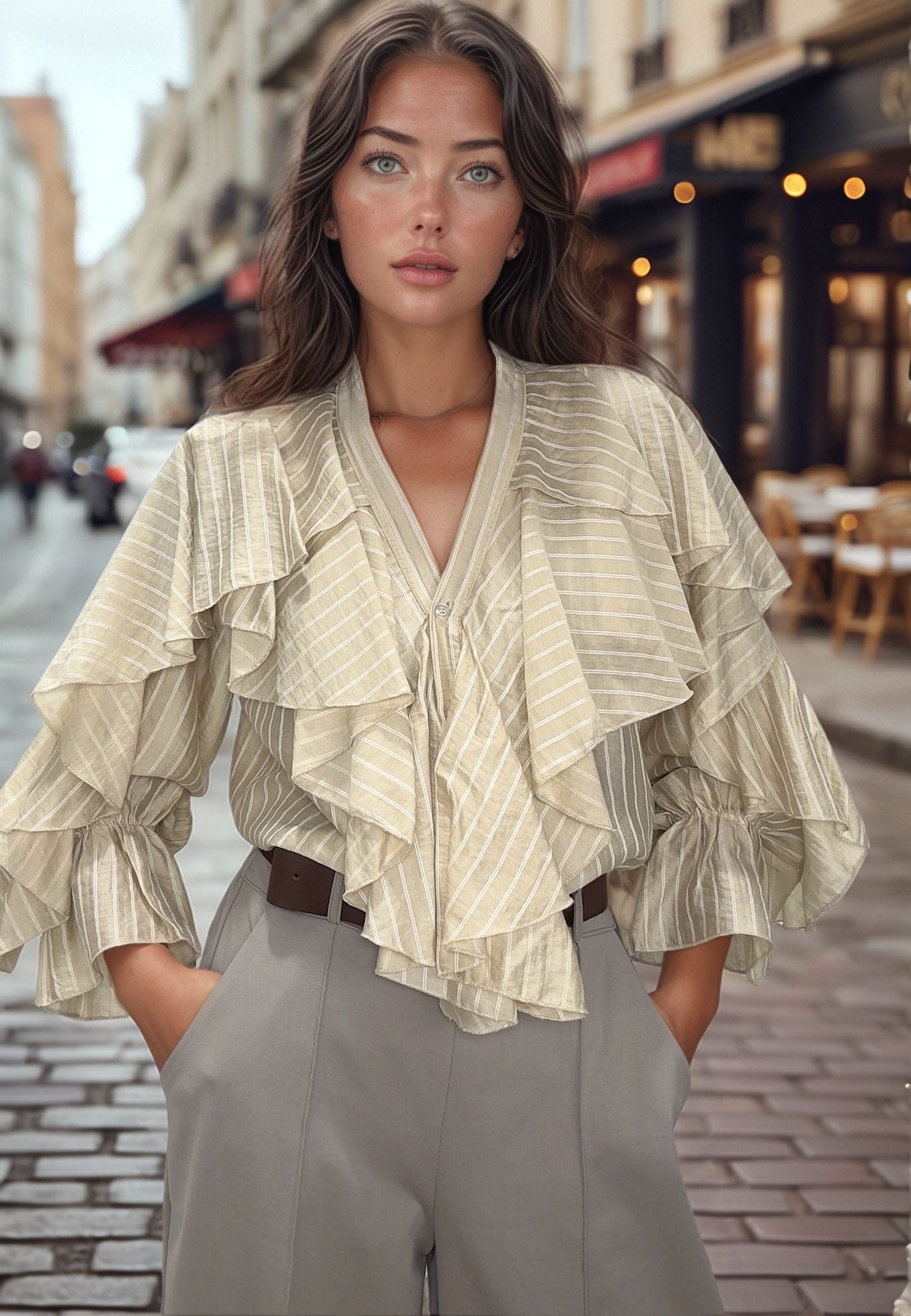 Vista lateral da blusa Aurora bege em modelo de cabelo castanho, realçando o caimento leve do tencel