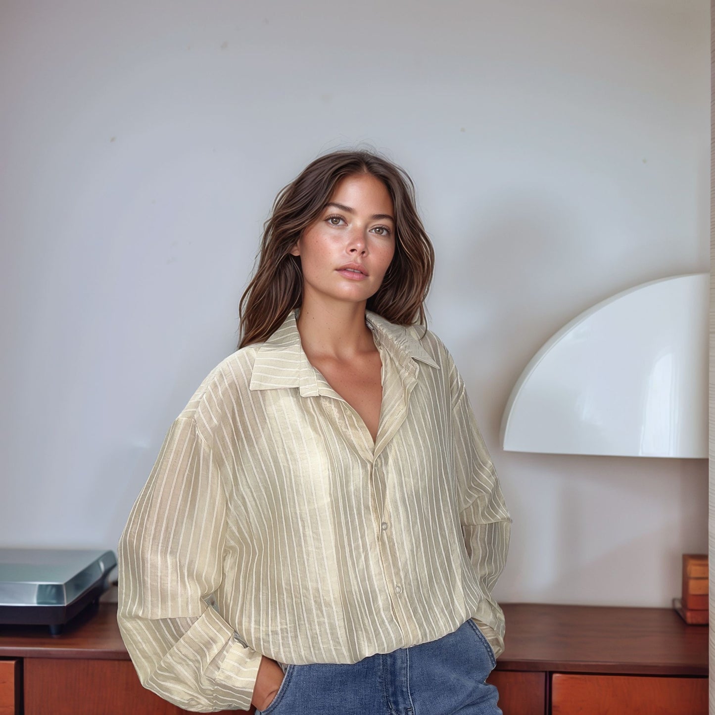 Close-up na cintura da Blusa Olívia evidenciando o elástico no cós que cria um efeito blusado perfeito por cima da calça, sem volume interno.