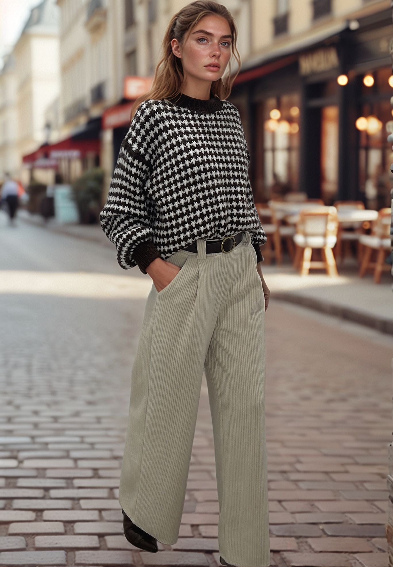Woman wearing light beige corduroy pants and black houndstooth sweater on city street, Josephine