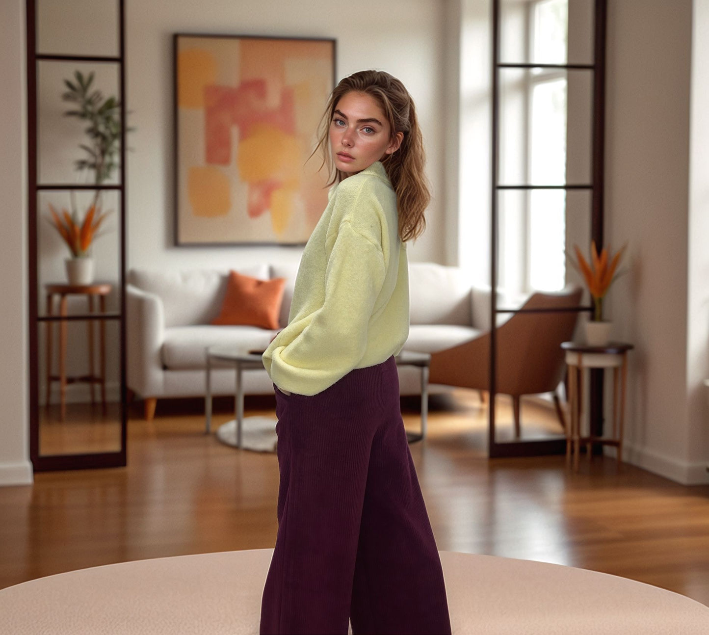 Woman wearing bordeaux corduroy pants and pale yellow sweater in a modern, elegant living room
