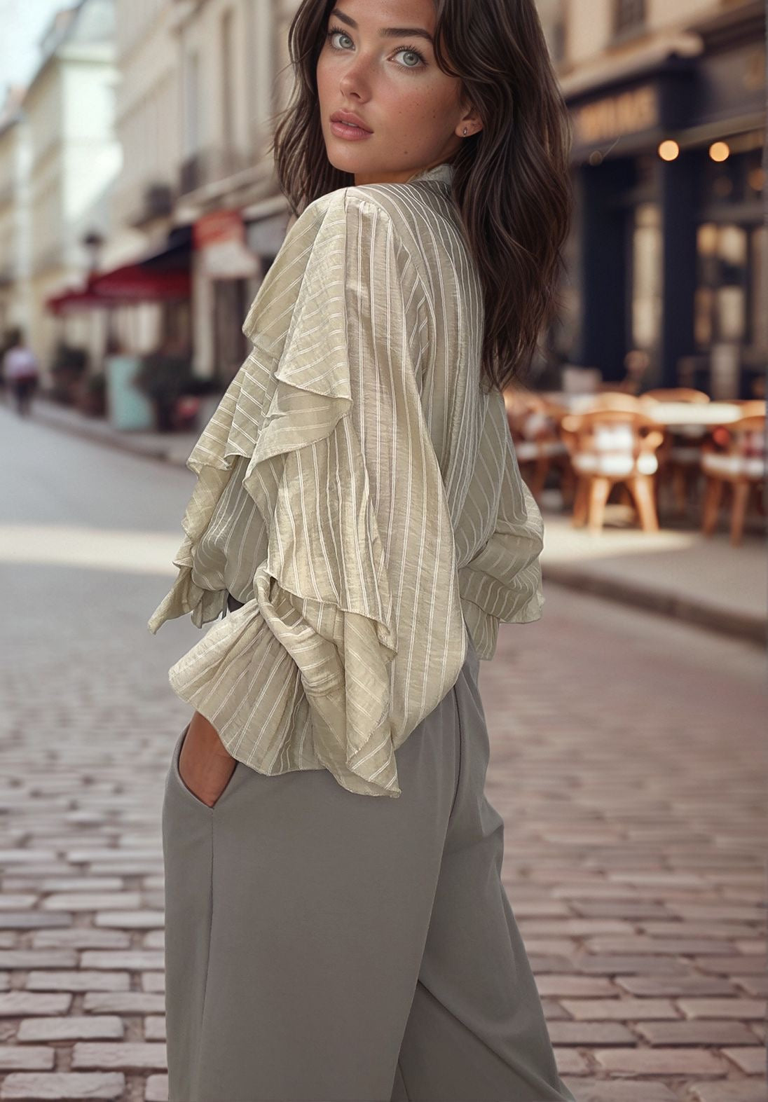 Woman wearing beige striped blouse and high-waisted culotte pants on a cobblestone street