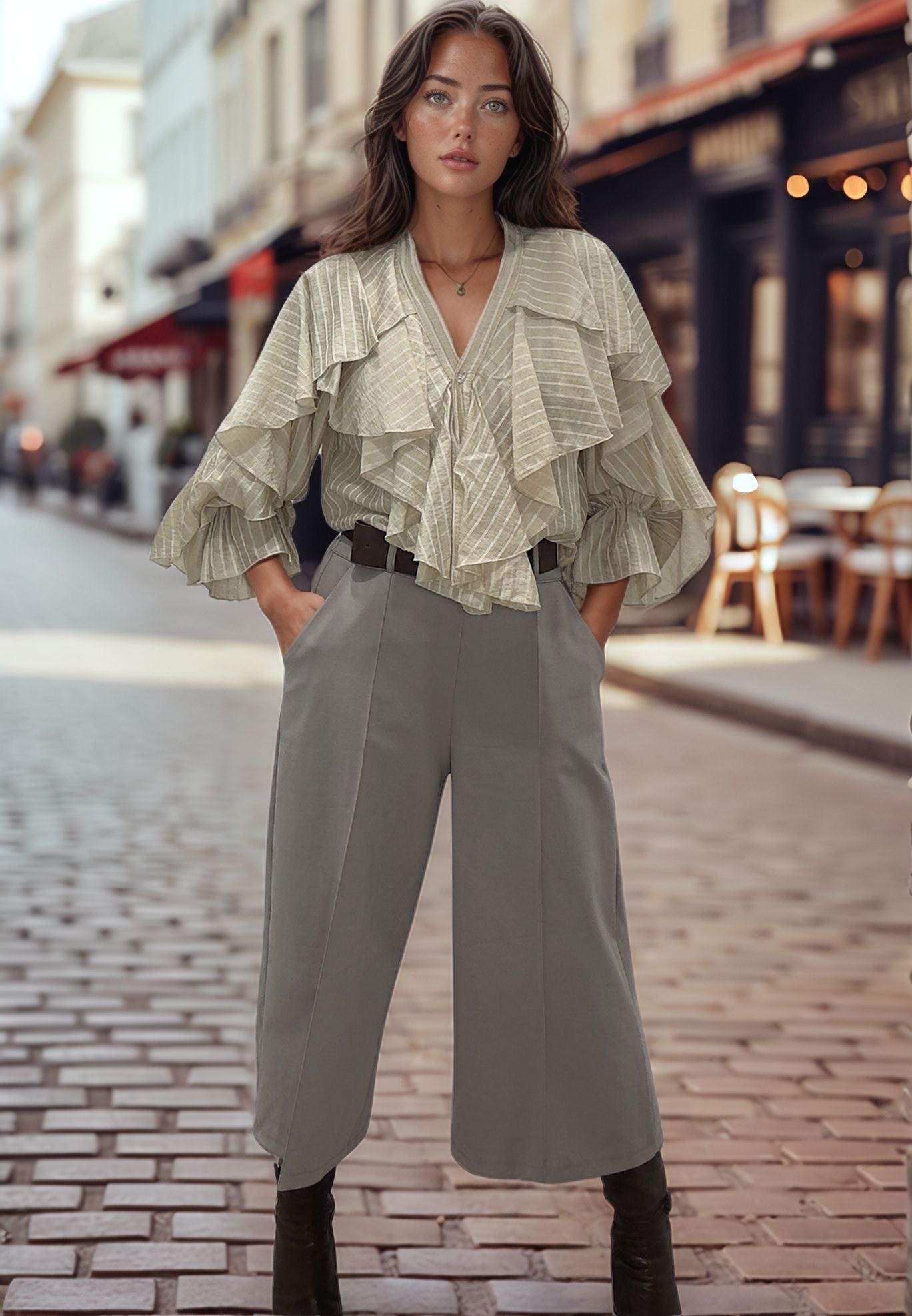 Woman in beige culotte pants by Josephine, standing on a city street showing elegant style.