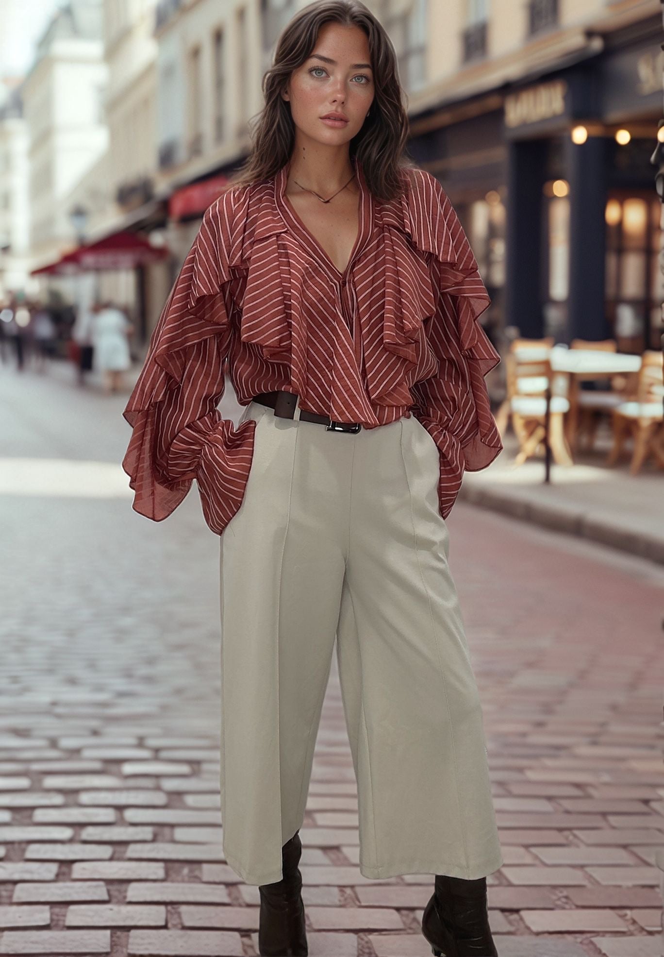 Woman wearing off-white culotte pants and striped ruffle blouse on city street, Josephine style