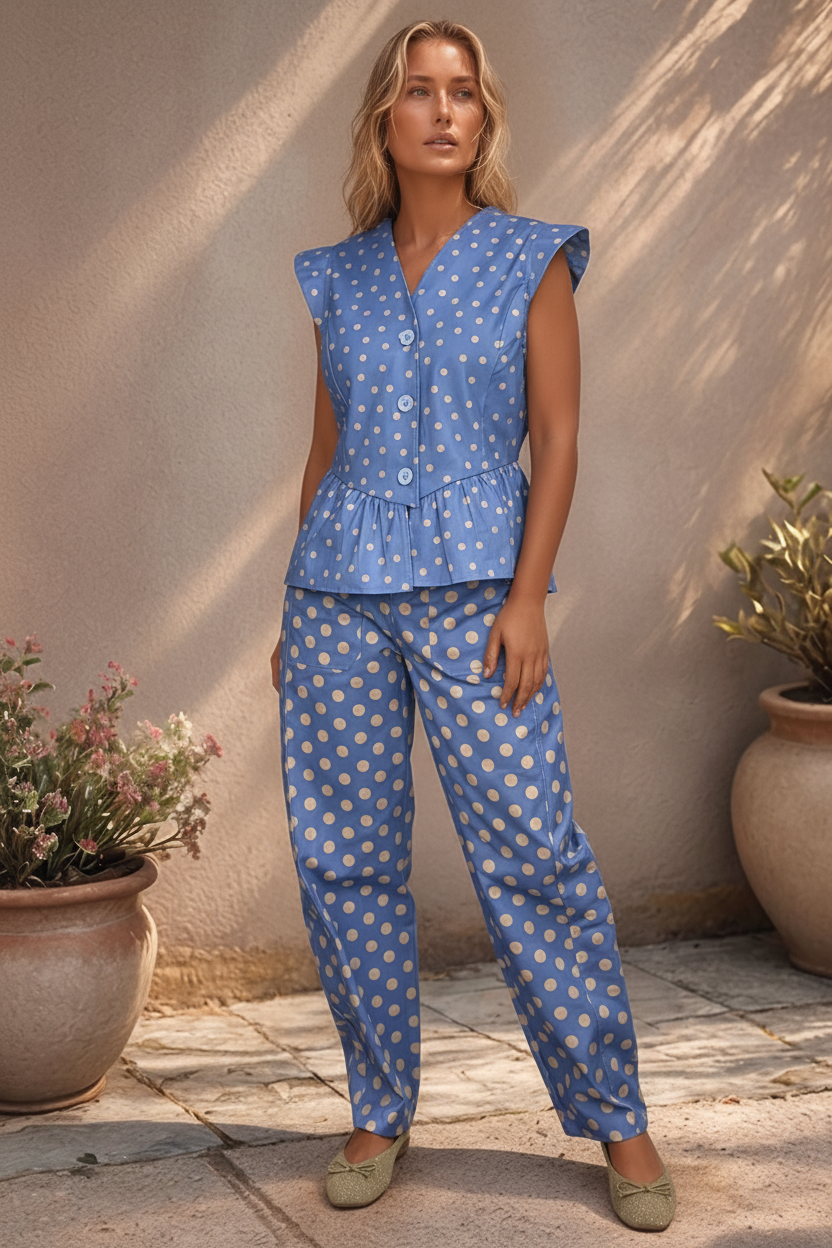 Modelo loira sorrindo vestindo calças Dotty de algodão azul com padrão de bolas brancas, corte reto com bolsos laterais, em ambiente externo com sol.