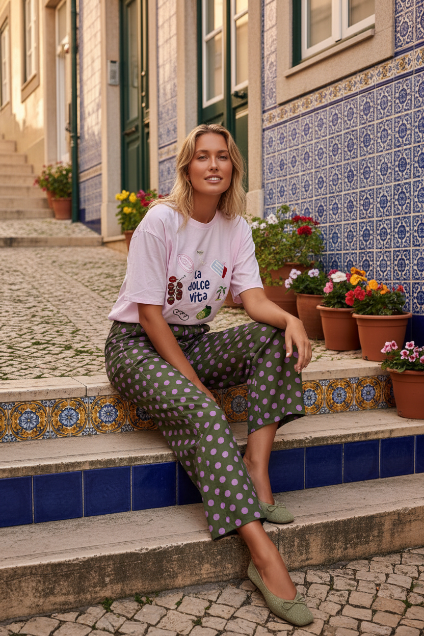 Modelo de cabelos castanhos vestindo calças Dotty verde oliva com bolas lilás, sentada em escadas típicas com azulejos, combinadas com t-shirt rosa claro e sabrinas verdes.