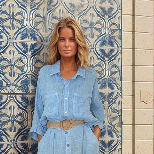Camisa Brisa oversized em linho azul céu, estilo elegante e descontraído.