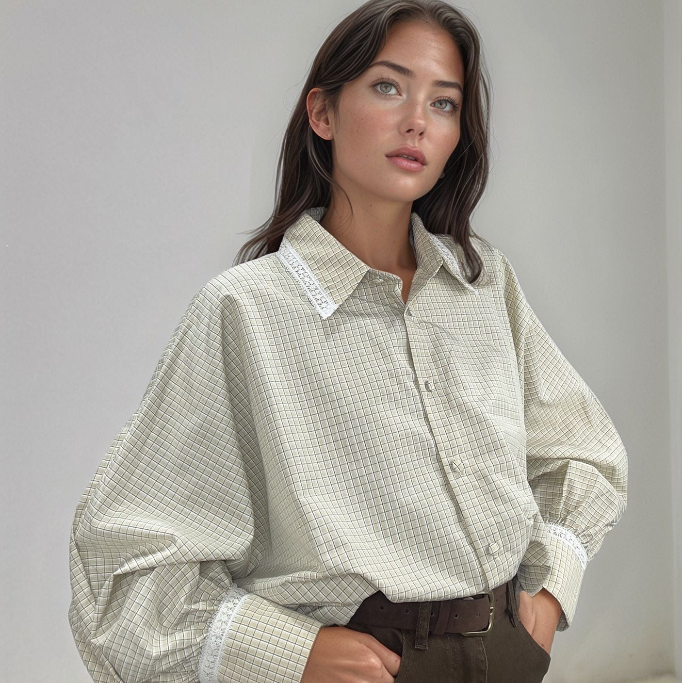 Modelo curvilínea vestindo a Camisa Justine bege combinada com Calças Marta chocolate, evidenciando o caimento do tamanho único.