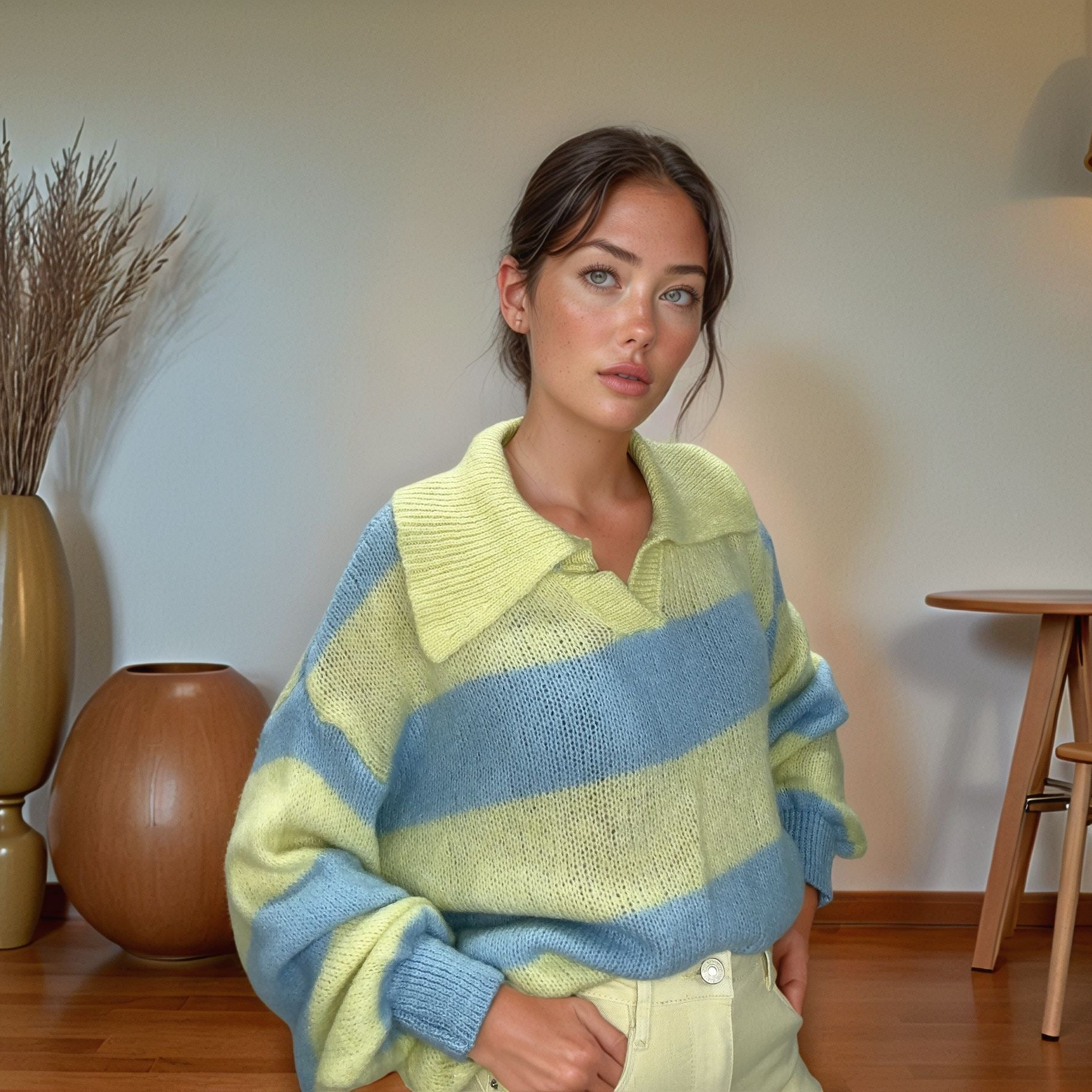 Woman wearing a pastel striped knit polo sweater and pants, styled for Josephine fashion.