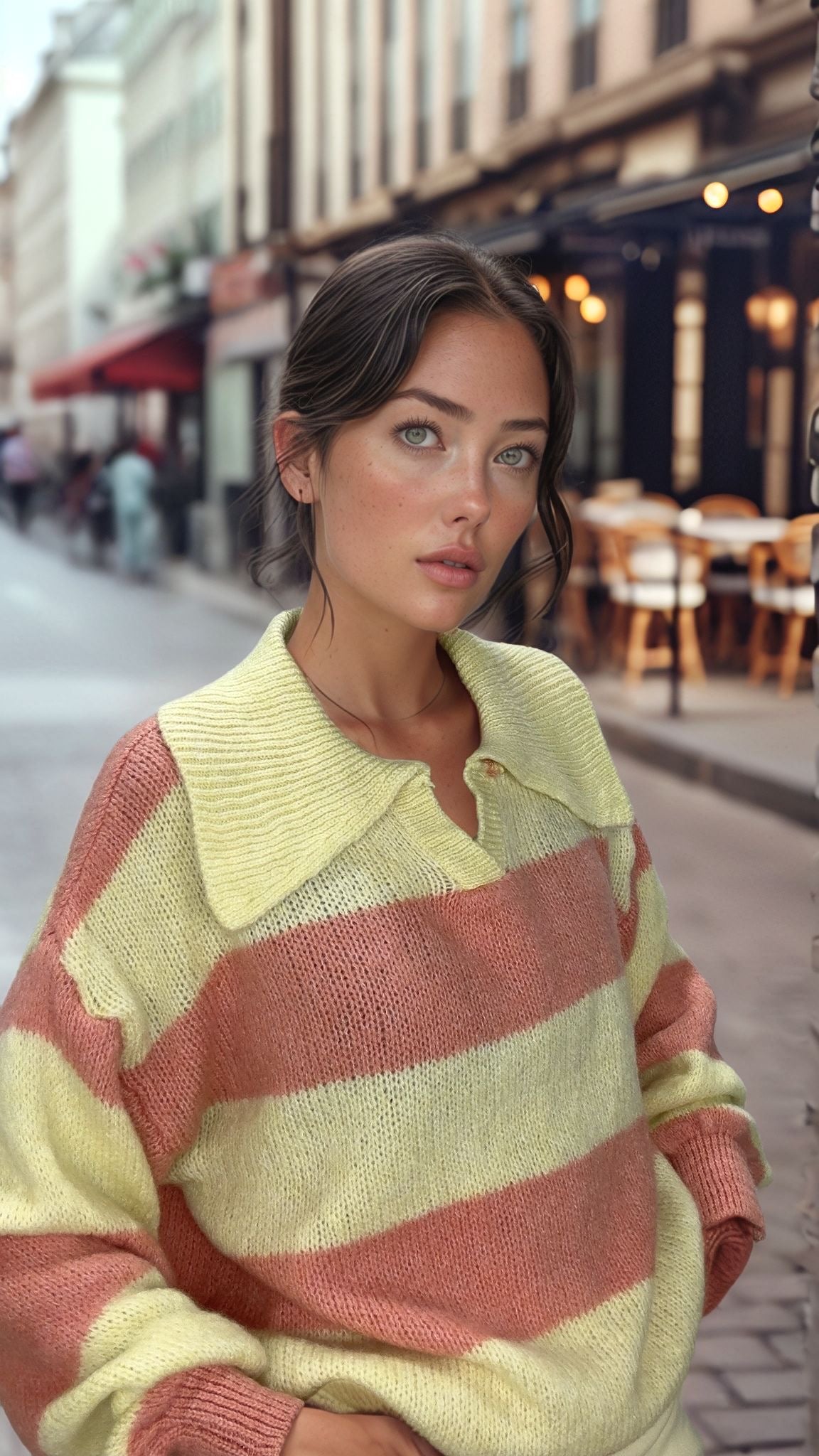 Woman wearing a yellow and peach striped knit sweater with a wide collar, standing outdoors