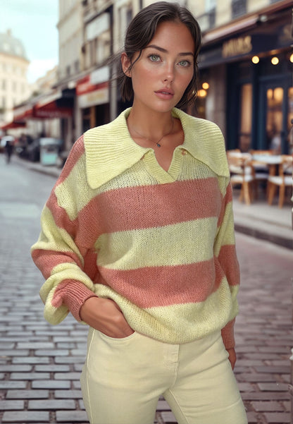 Woman wearing oversized striped peach and yellow knit polo sweater, street style fashion.