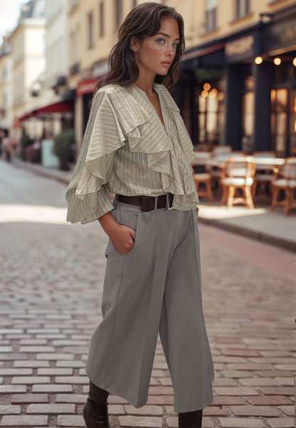 Detail of beige culotte pants with pocket, styled for Josephine feminine fashion collection