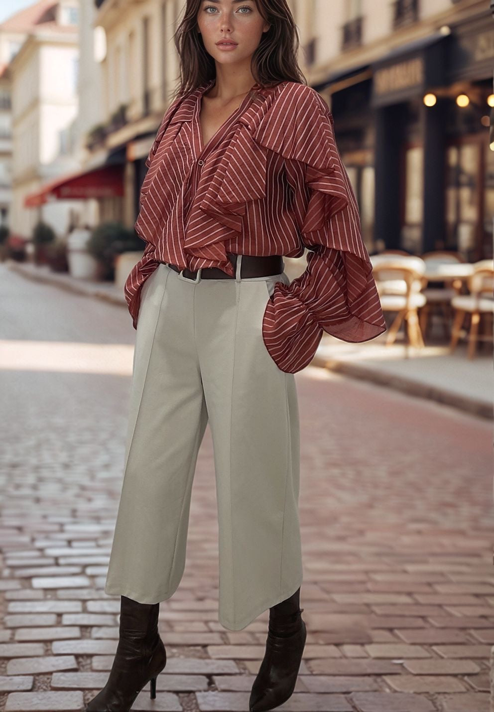 Woman wearing off-white culotte pants with side pockets, striped blouse, and boots on a city street