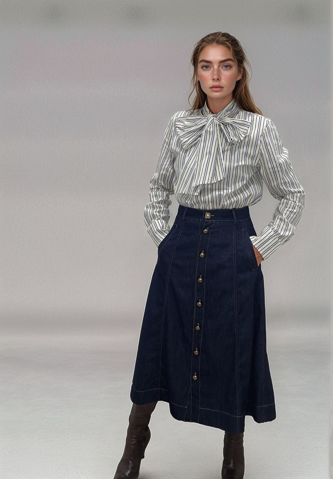 Close-up do cós da saia denim, destacando o botão metálico exclusivo e o acabamento premium da costura.