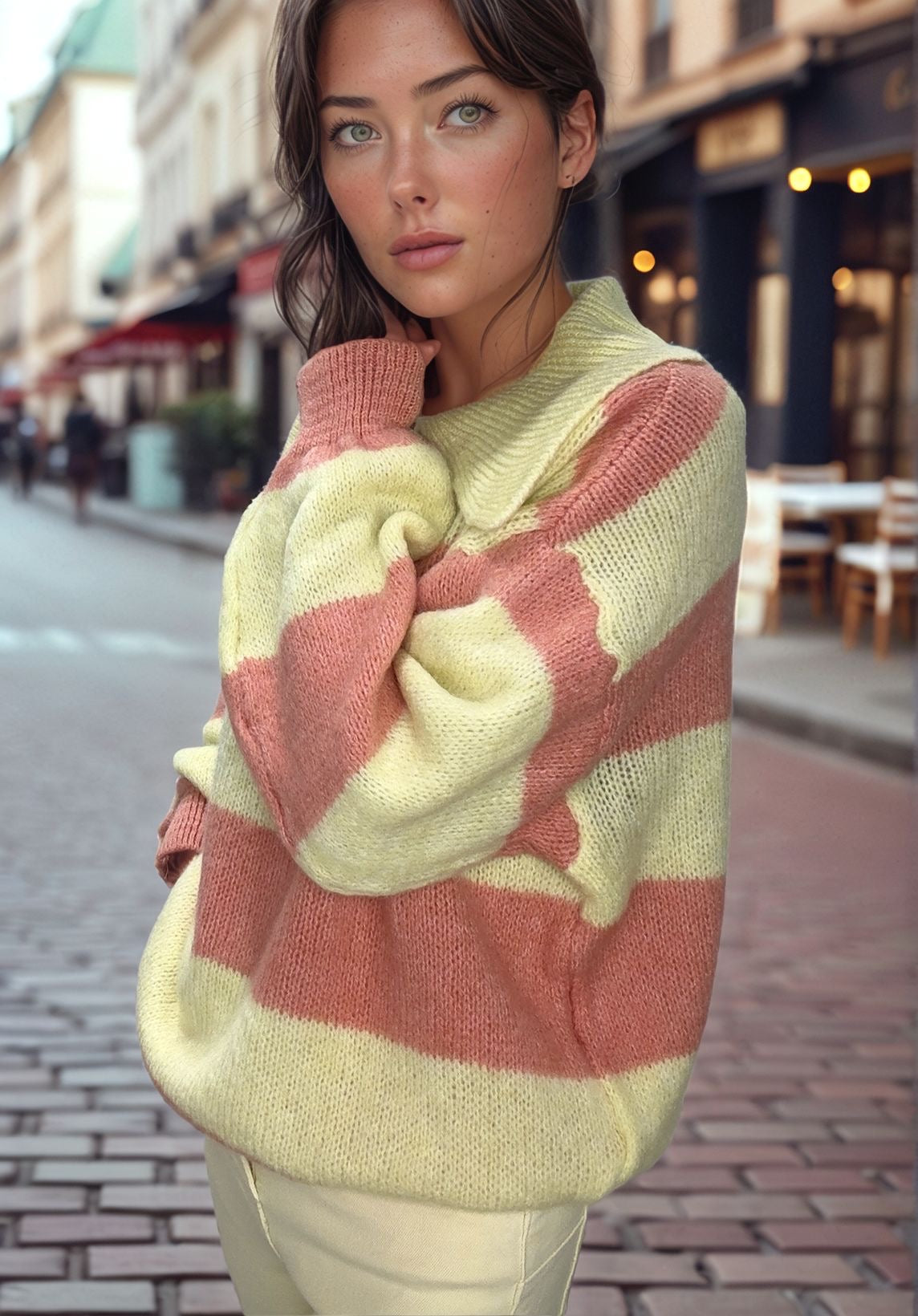 Woman wearing soft alpaca knit sweater in pastel yellow and pink stripes, street style fashion