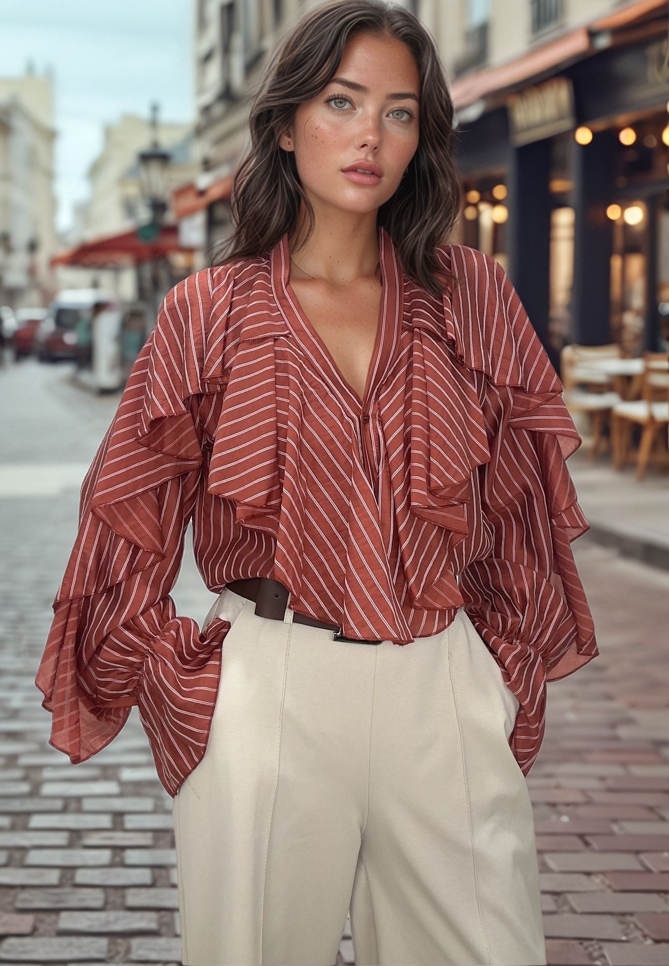 Modelo com curvas vestindo a blusa Aurora cor telha, demonstrando a adaptação do tamanho único até ao L