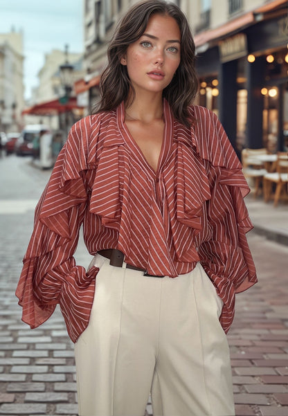 Modelo com curvas vestindo a blusa Aurora cor telha, demonstrando a adaptação do tamanho único até ao L