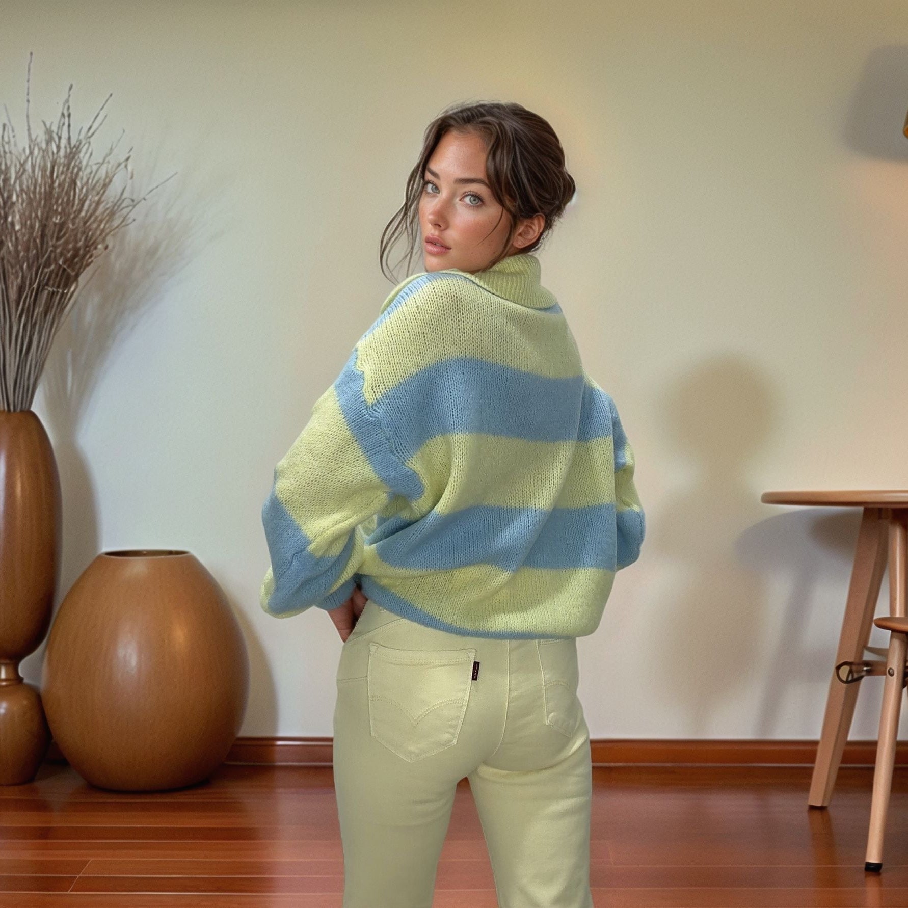 Woman wearing a blue and yellow striped knit sweater and pastel pants in a modern, elegant room