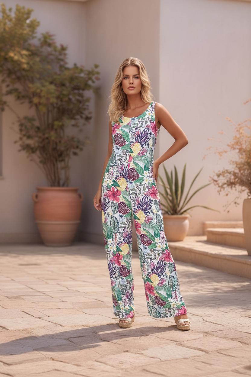 Foto de corpo inteiro de uma mulher loira em pé num pátio, vestindo um macacão fluido com um estampado floral colorido e vibrante. A peça possui bolsos laterais funcionais.