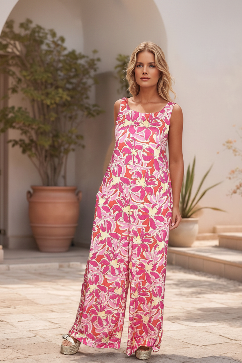 Foto de corpo inteiro de uma modelo loira em pé num pátio, vestindo um macacão fluido com estampado floral em tons de rosa e amarelo, com bolsos laterais visíveis.