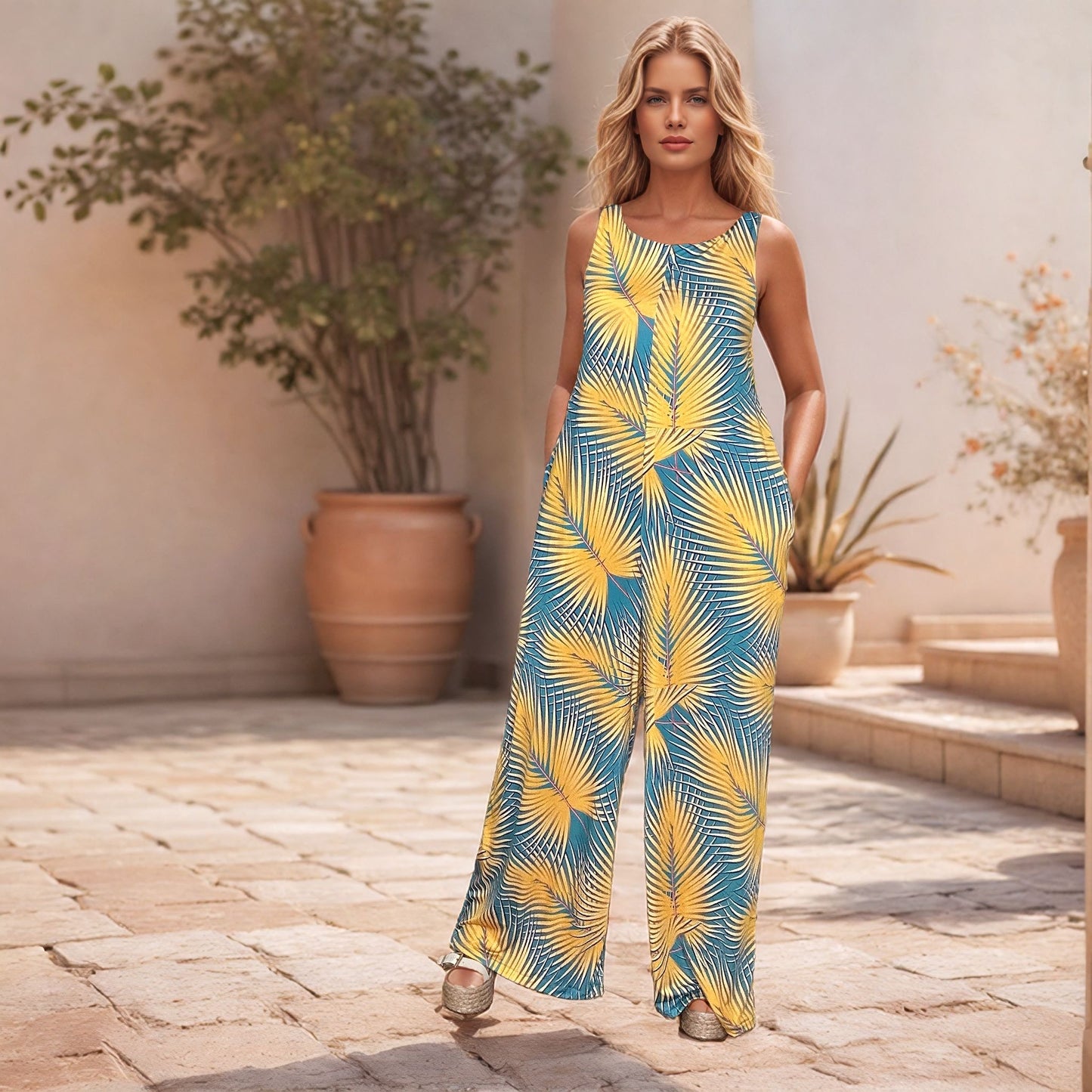 Foto de uma mulher loira sentada num pátio de pedra, vestindo um macacão fluido de perna larga com estampado de folhagem tropical em amarelo e azul, com bolsos laterais.