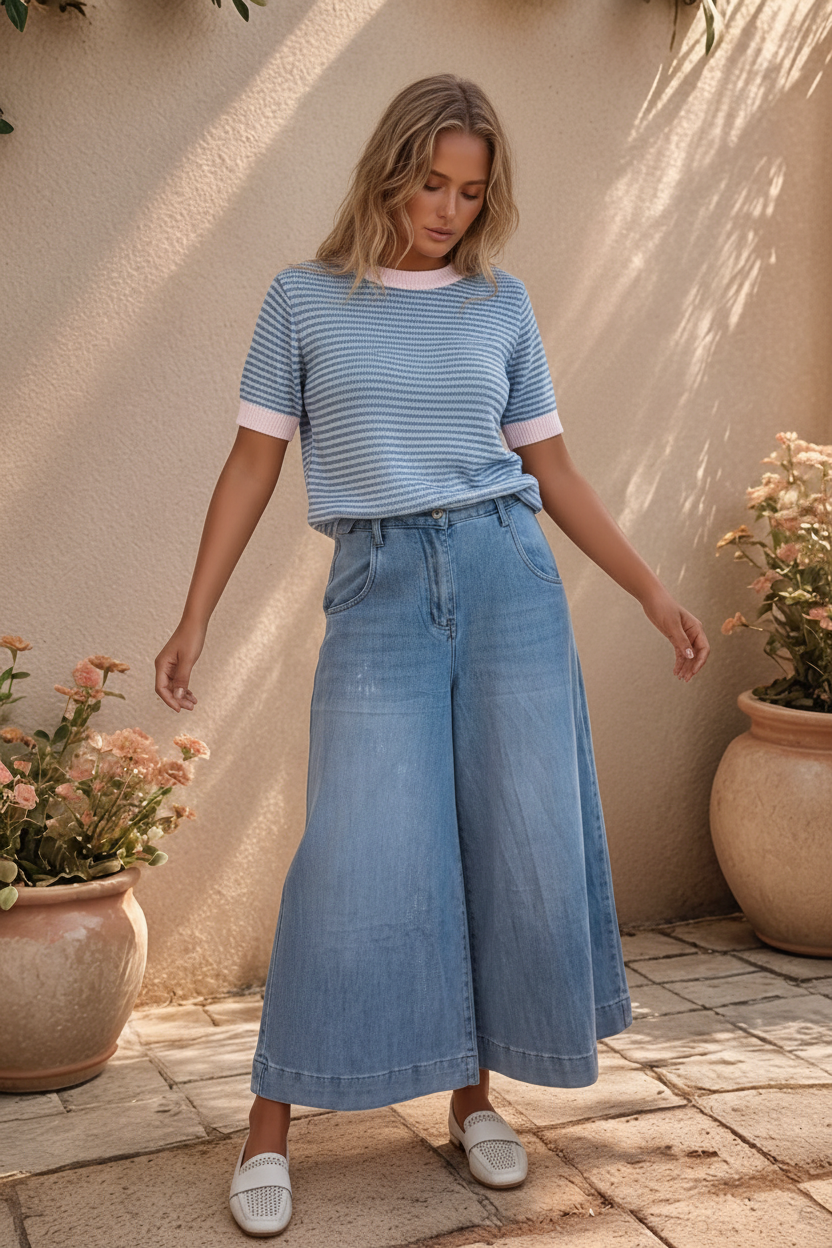 Modelo vestindo culotes de ganga azul de perna larga em movimento destacando a fluidez e o ajuste confortável da peça disponível do tamanho S ao XL