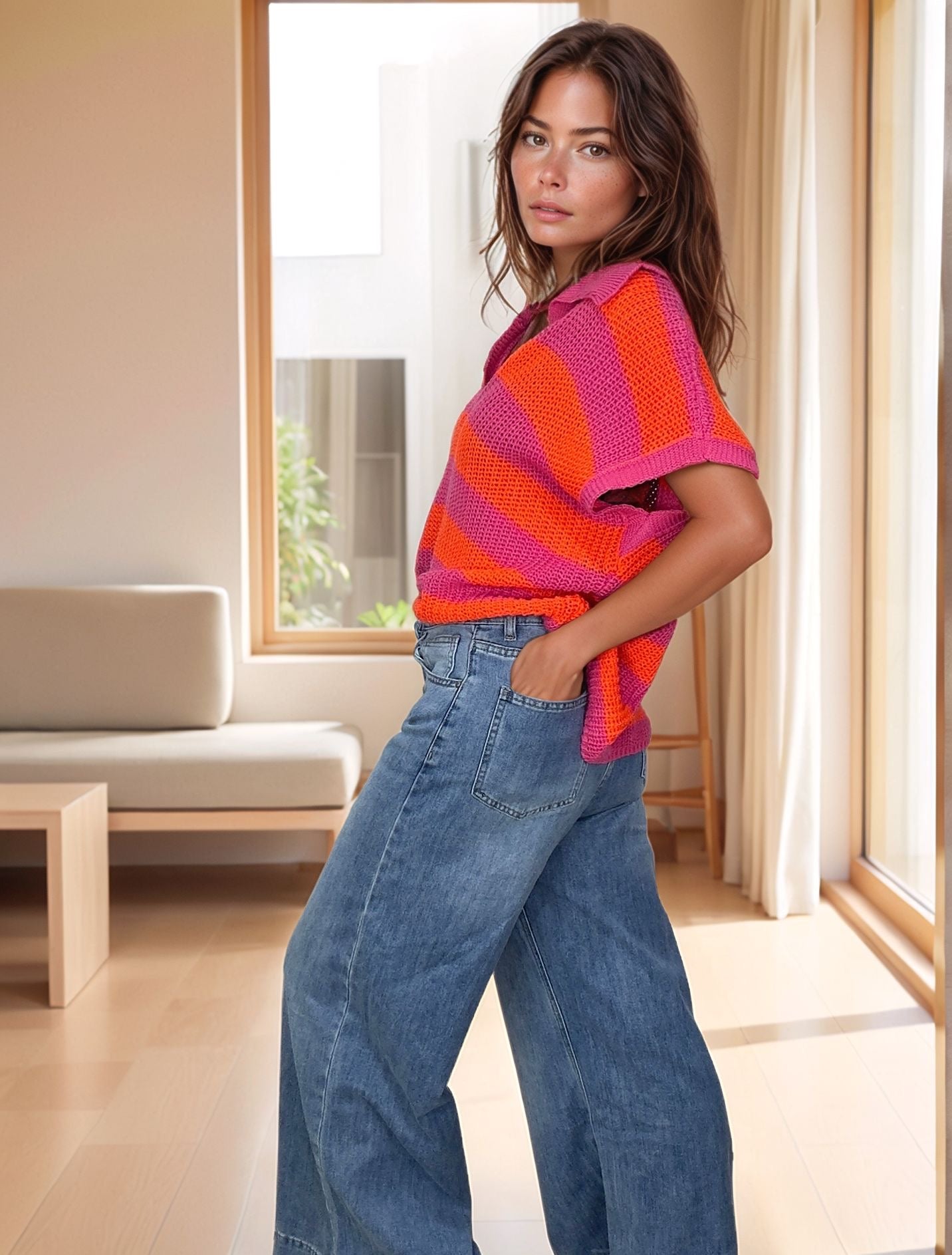 look-completo-com-calcas-de-ganga-wide-leg-e-camisola-as-riscas-vibrantes-estilo-casual-chic-de-verao