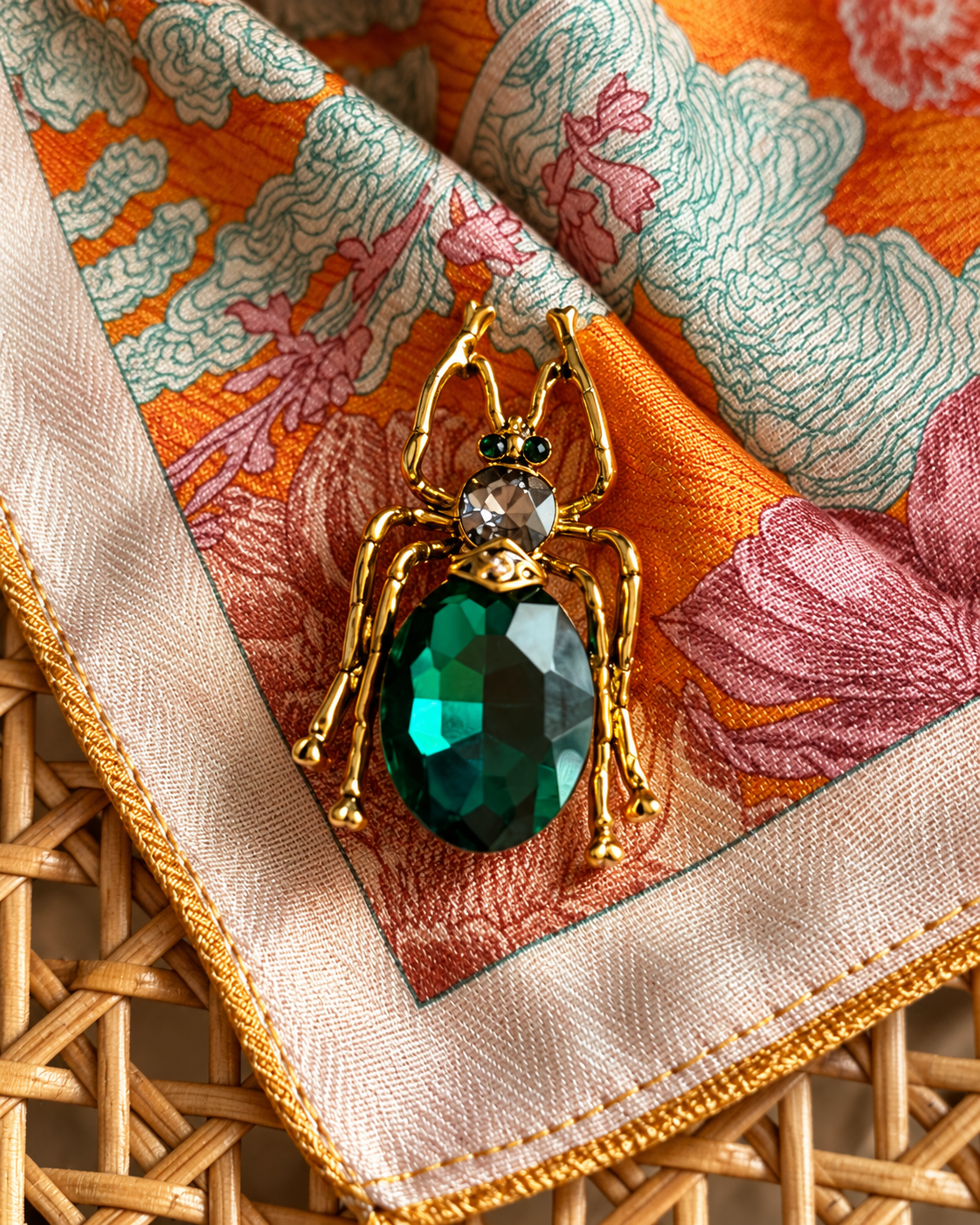 Pregadeira em forma de inseto, com acabamento dourado, corpo em pedra facetada verde-esmeralda e detalhes brilhantes, sobre um lenço estampado em tons de laranja e rosa.