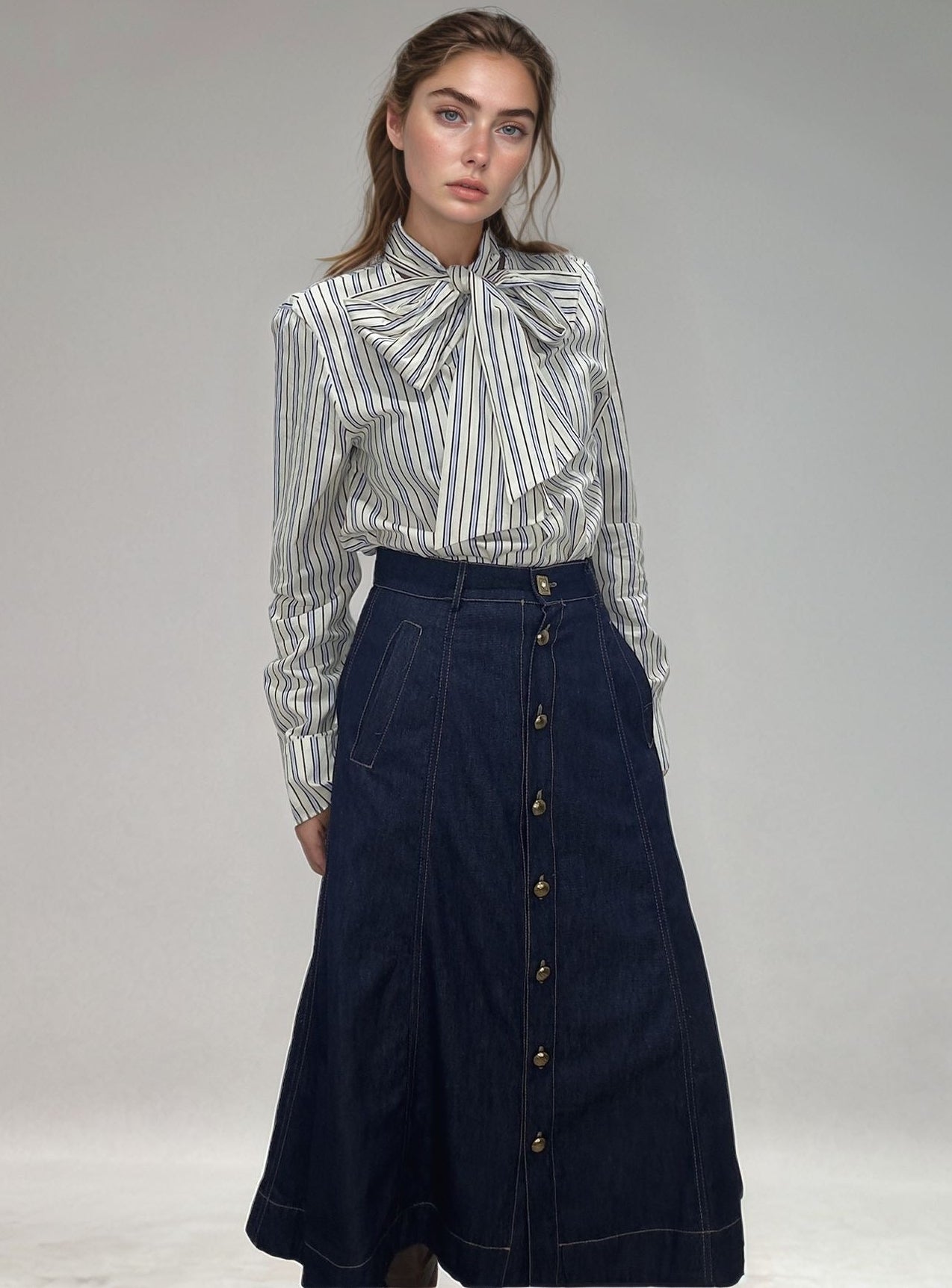 Modelo de cabelos castanhos vestindo saia denim de cintura alta com botões metálicos frontais e bolsos laterais, combinada com blusa listrada.