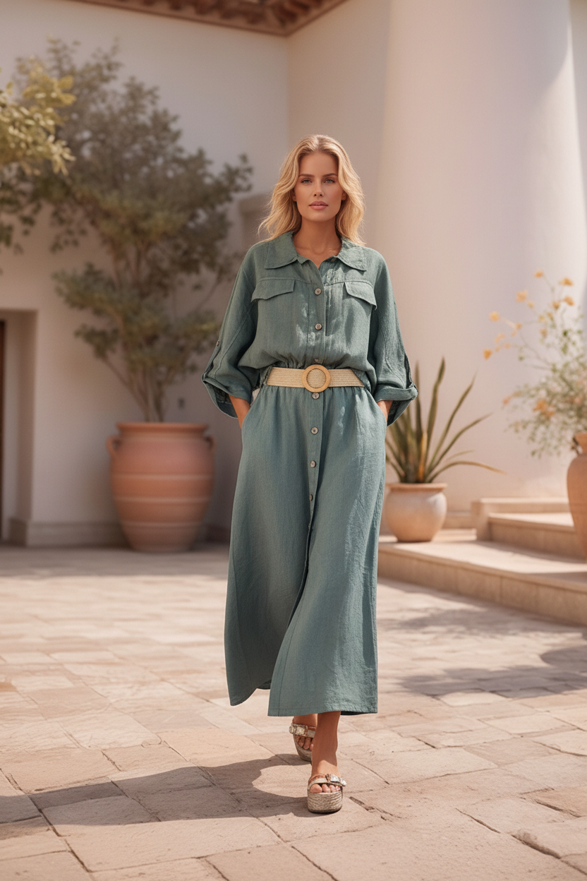 Saia Antuérpia em linho verde seco com design elegante, botões decorativos e bolsos.