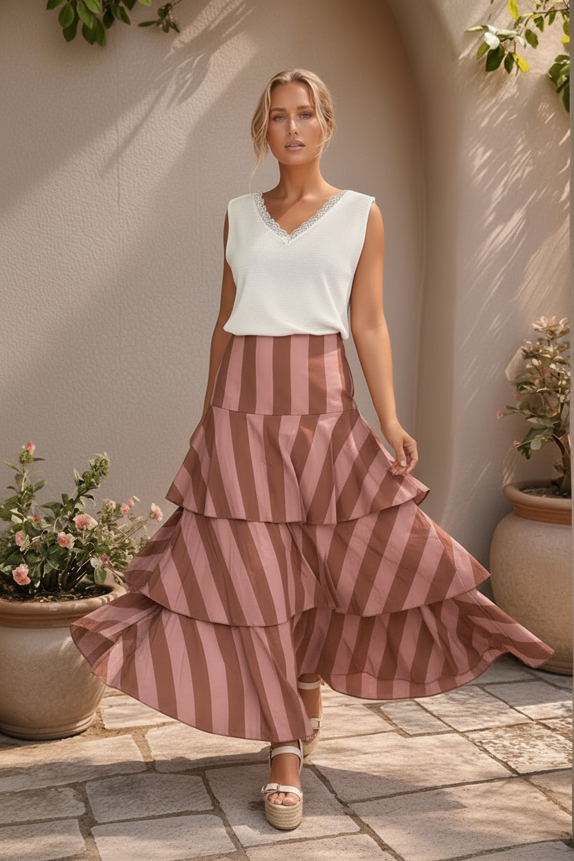Modelo de cabelos claros vestindo saia comprida de algodão com três folhos sobrepostos em listras horizontais e diagonais rosa e castanho combinada com top branco em ambiente externo